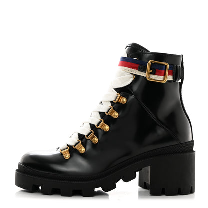 Gucci Calfskin Sylvie Web Womens Lace Up Combat Boots 36 Black 1 of 9