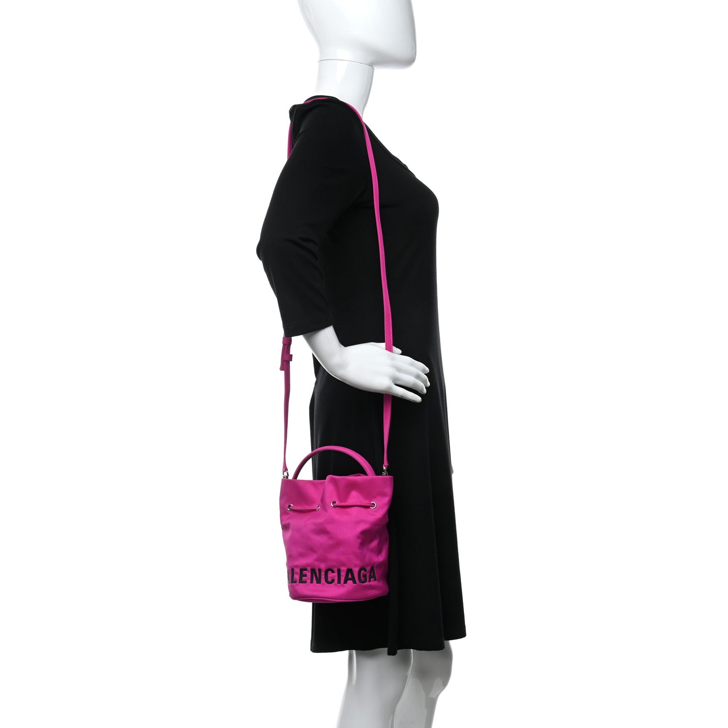 Recycled Sport Nylon Logo Embroidered Wheel Drawstring Bucket Bag XS Fuchsia Black
