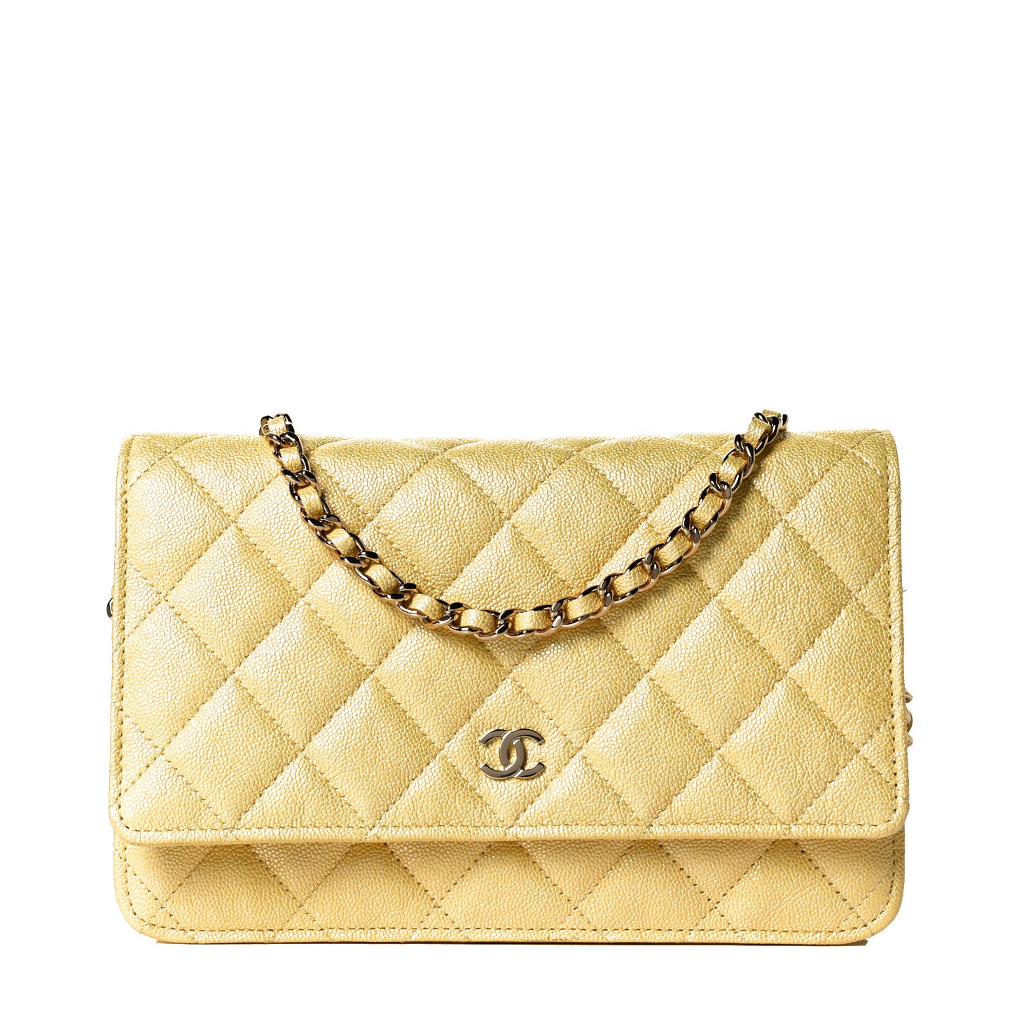 Iridescent Caviar Quilted Wallet on Chain WOC Yellow