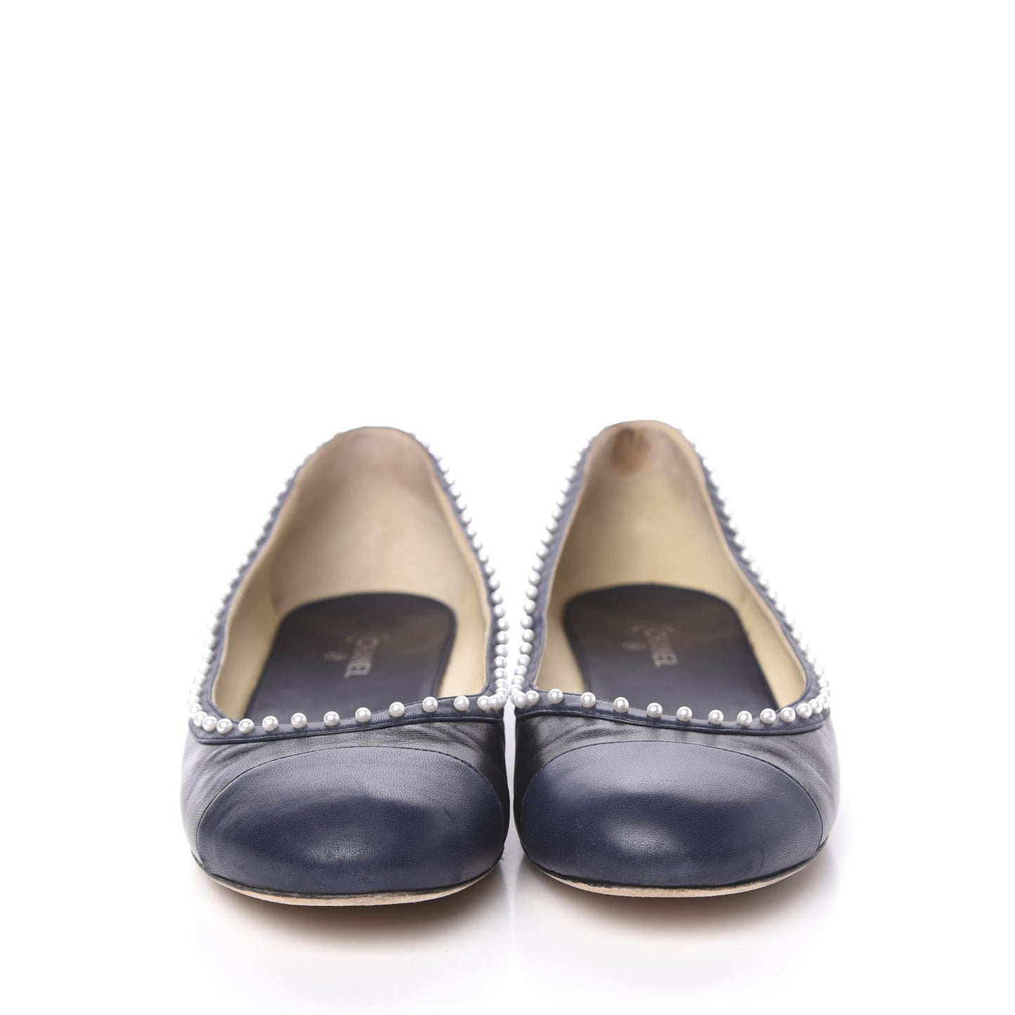 Lambskin Pearl Cap Toe CC Ballerina Flats 40 Black Navy