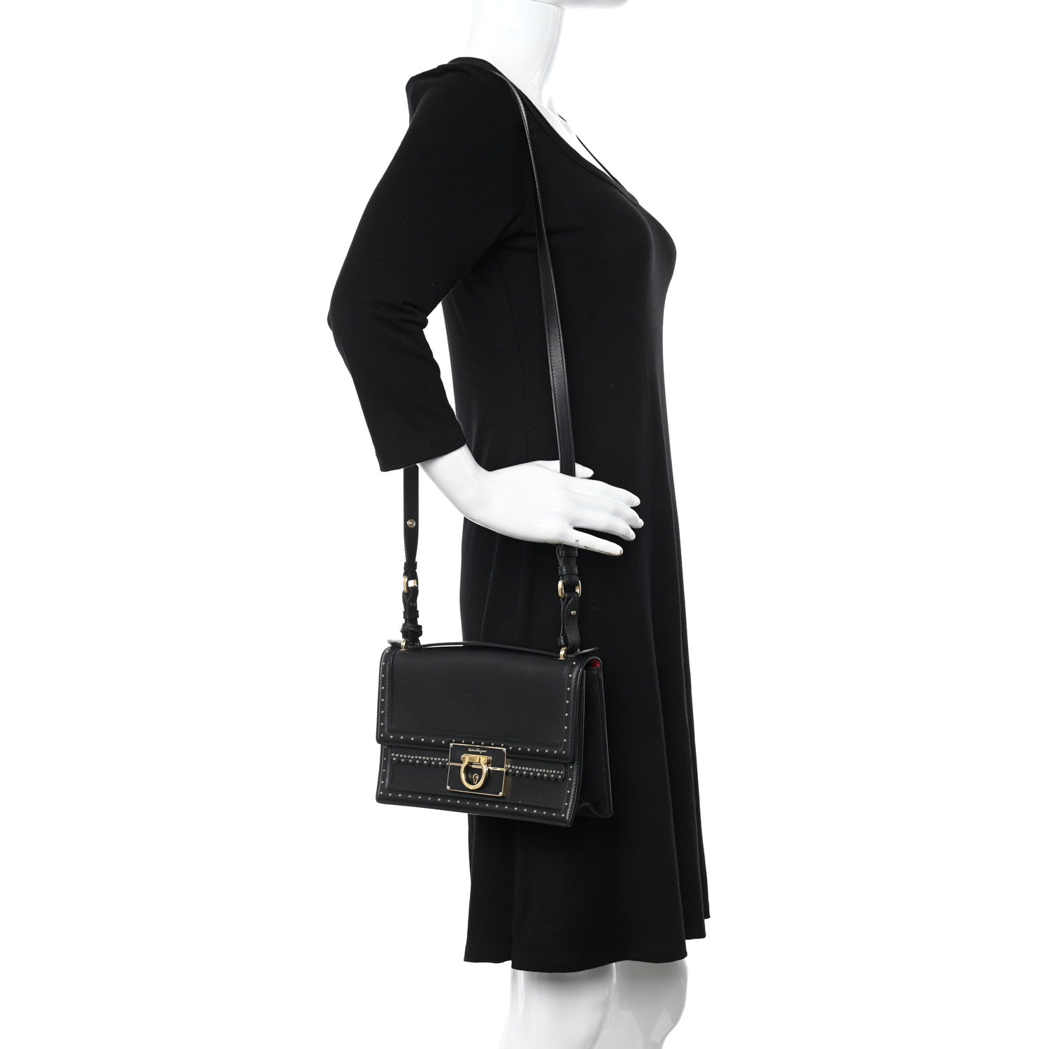 Salvatore Ferragamo Smooth Calfskin Studded Aileen Gancio Lock Shoulder Bag Black 2 of 9