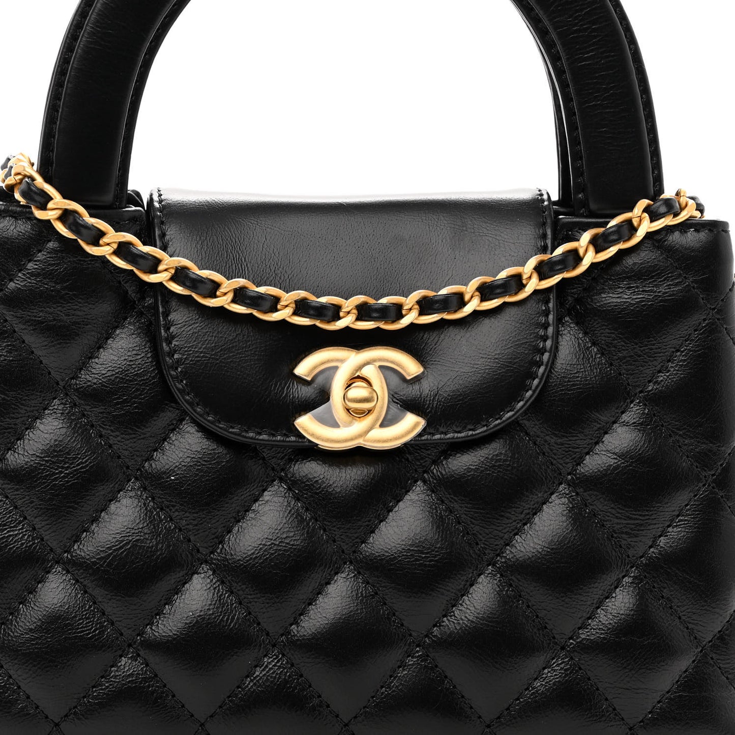 Shiny Aged Calfskin Quilted Nano Kelly Shopper Black