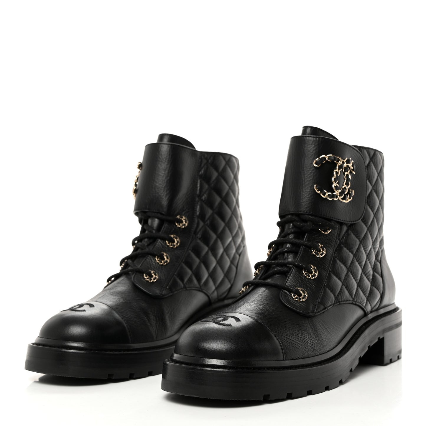 Shiny Goatskin Calfskin Quilted Lace Up Combat Boots 42 Black