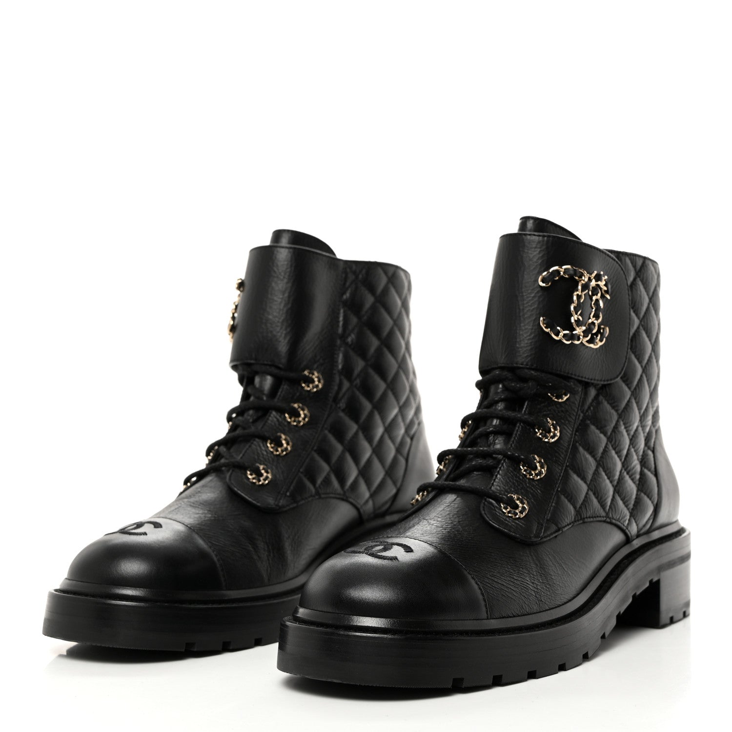 Chanel Shiny Goatskin Calfskin Quilted Lace Up Combat Boots 42 Black 3 of 8