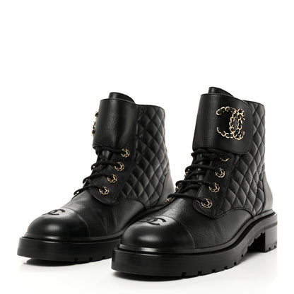 Chanel Shiny Goatskin Calfskin Quilted Lace Up Combat Boots 42 Black 3 of 8