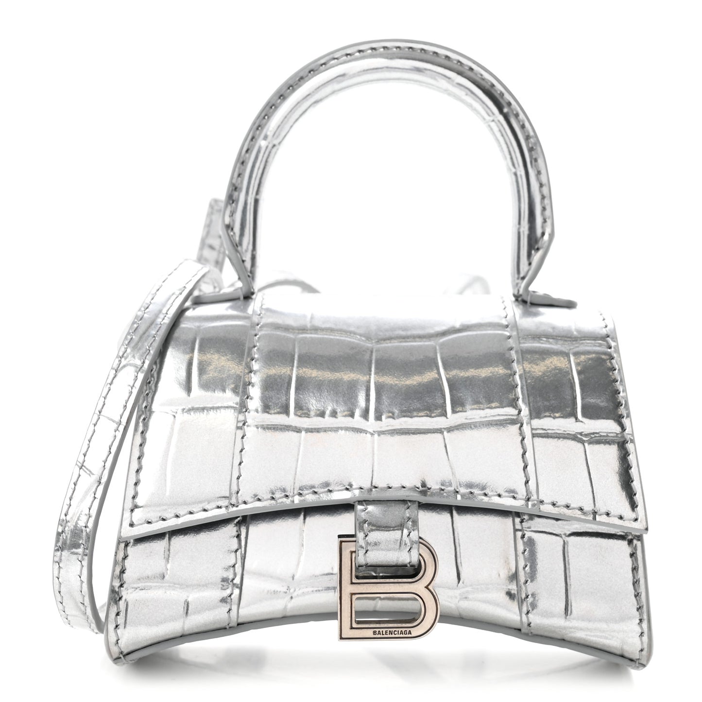 Metallic Calfskin Crocodile Embossed Hourglass Top Handle Bag Mini Silver