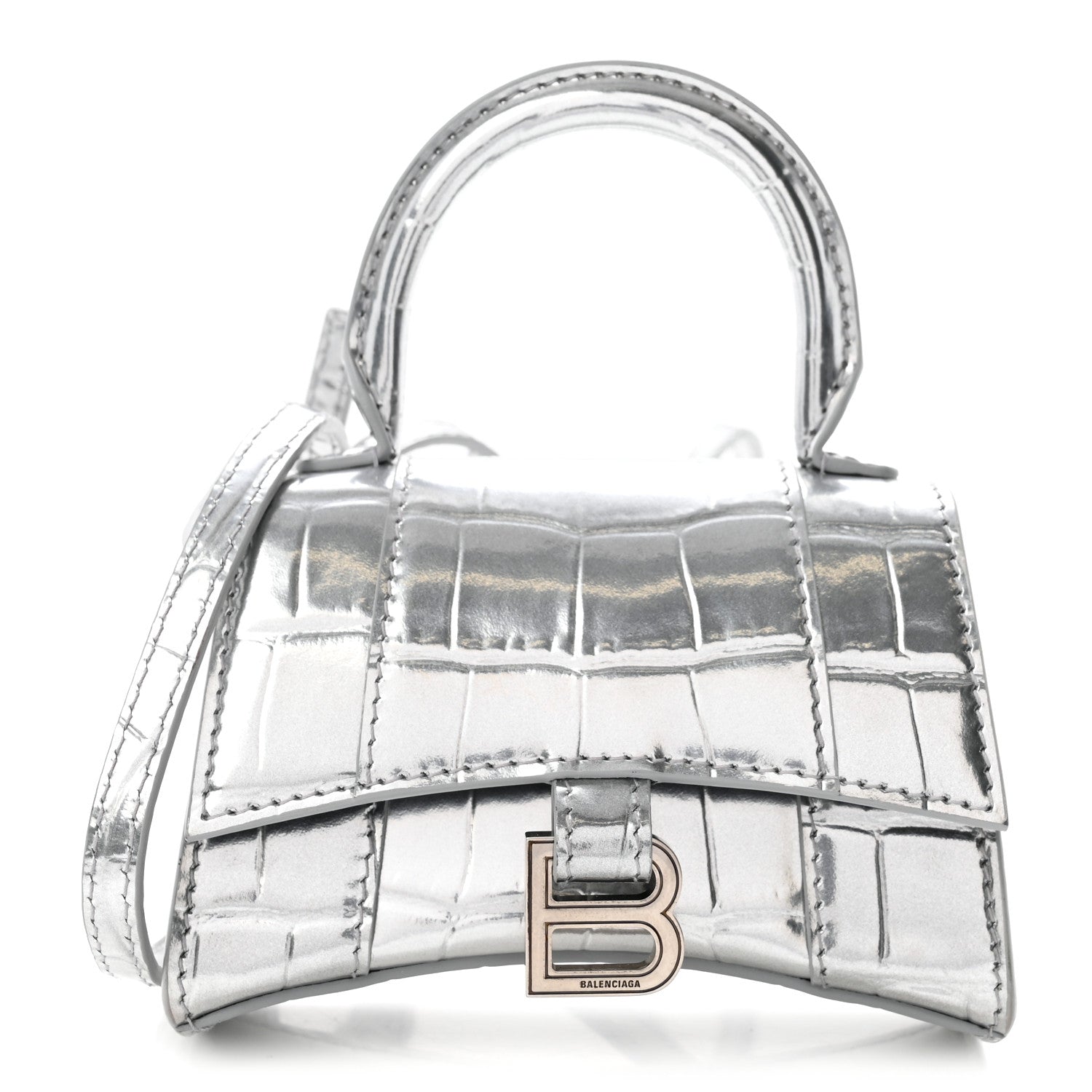 Balenciaga Metallic Calfskin Crocodile Embossed Hourglass Top Handle Bag Mini Silver 1 of 9