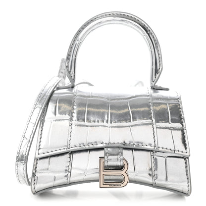 Balenciaga Metallic Calfskin Crocodile Embossed Hourglass Top Handle Bag Mini Silver 1 of 9