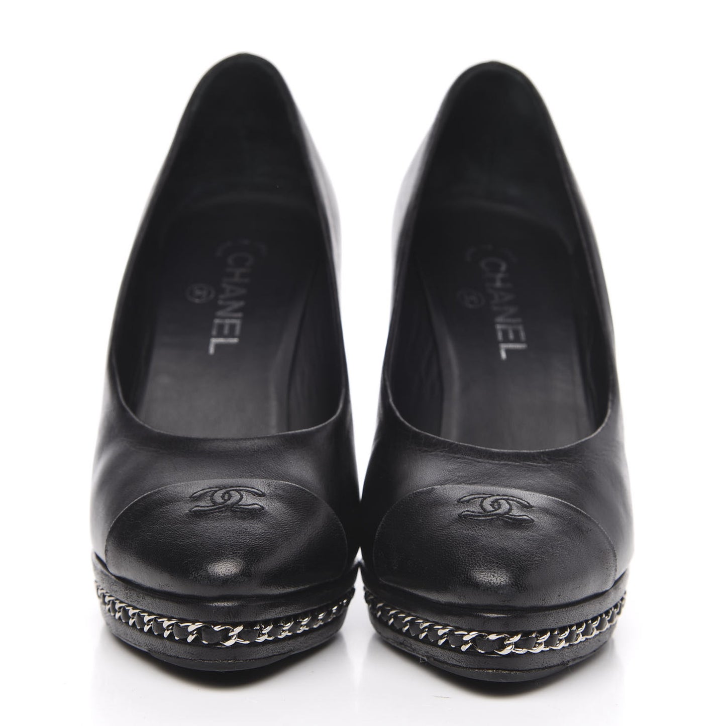 Lambskin CC Cap Toe Platform Chain Pumps 41 Black
