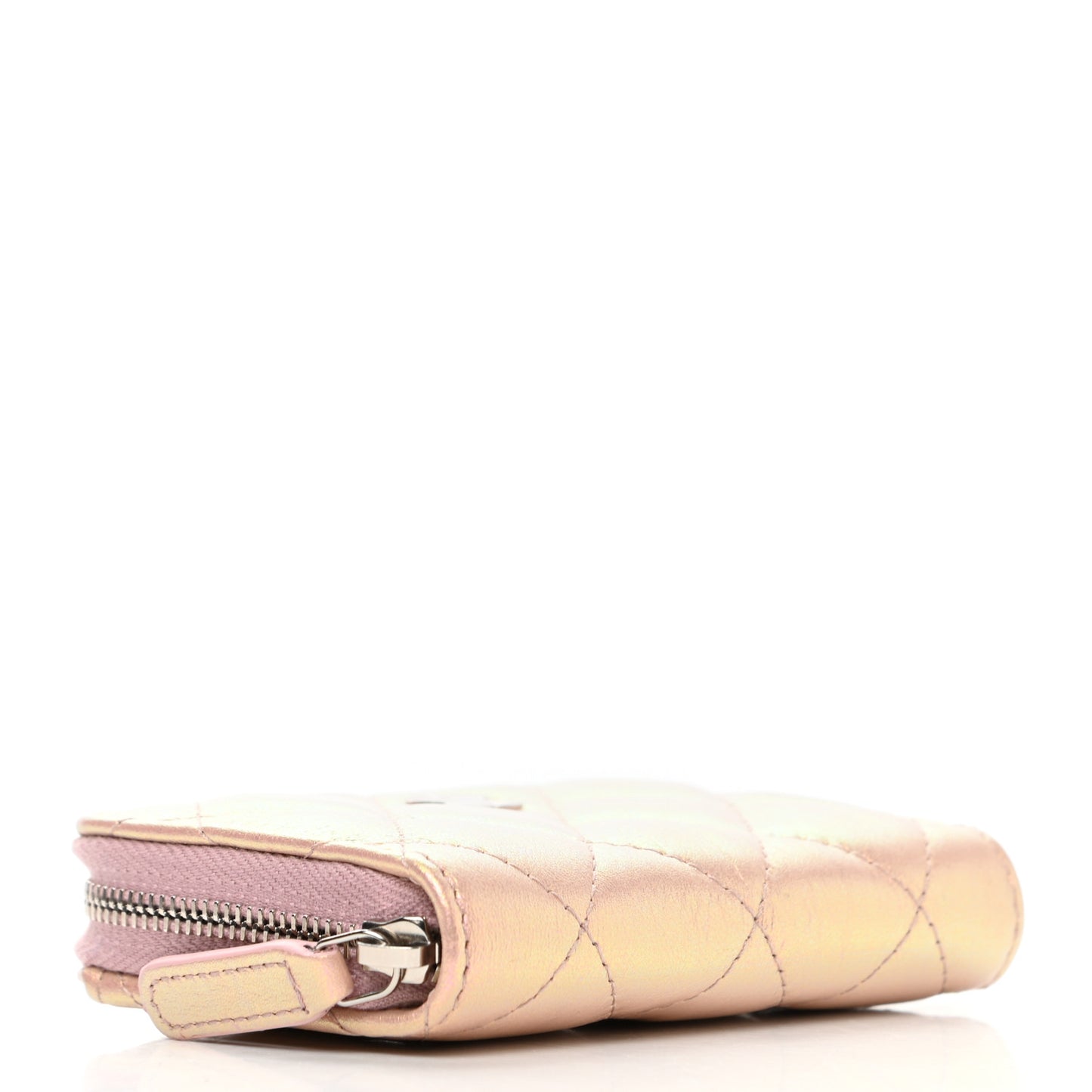 Iridescent Calfskin Quilted Zip Coin Purse Wallet Pink