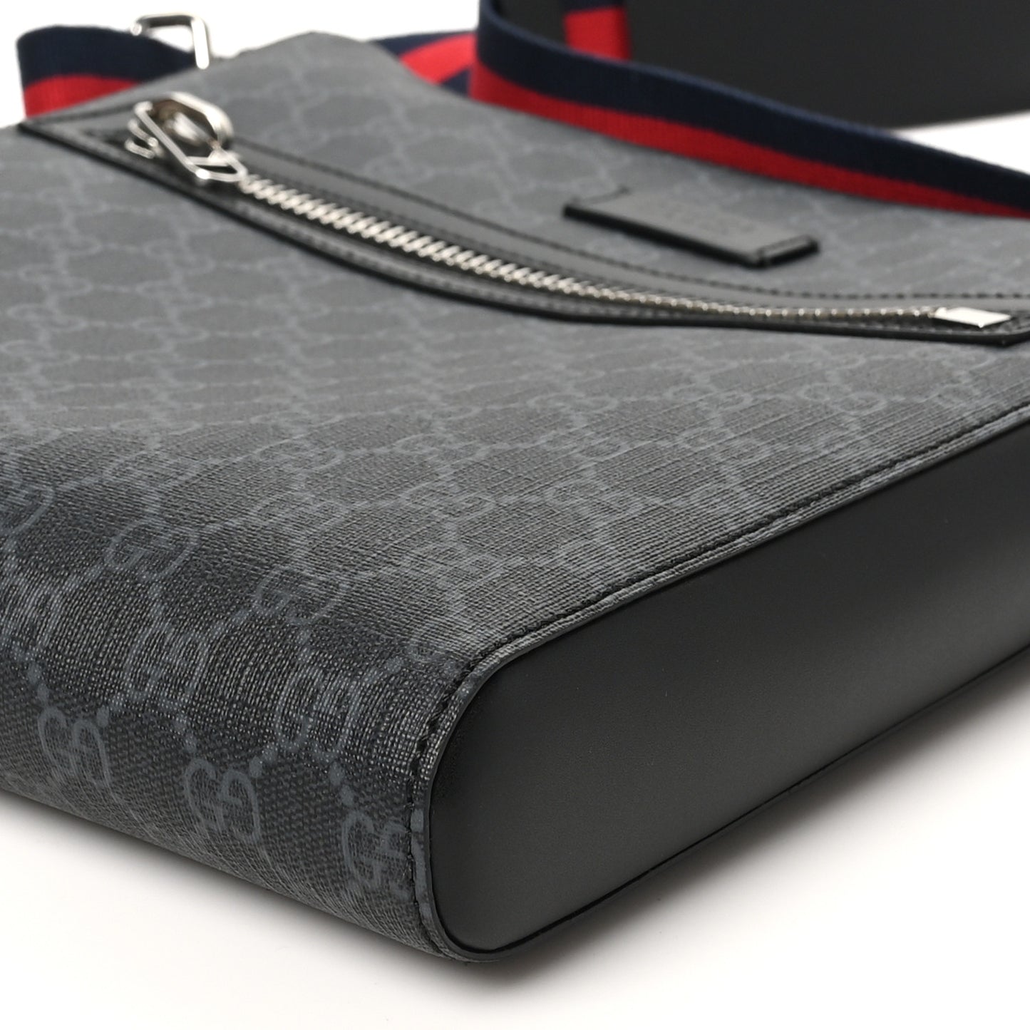 GG Supreme Monogram Appia Calfskin Web Flat Messenger Bag Black Grey