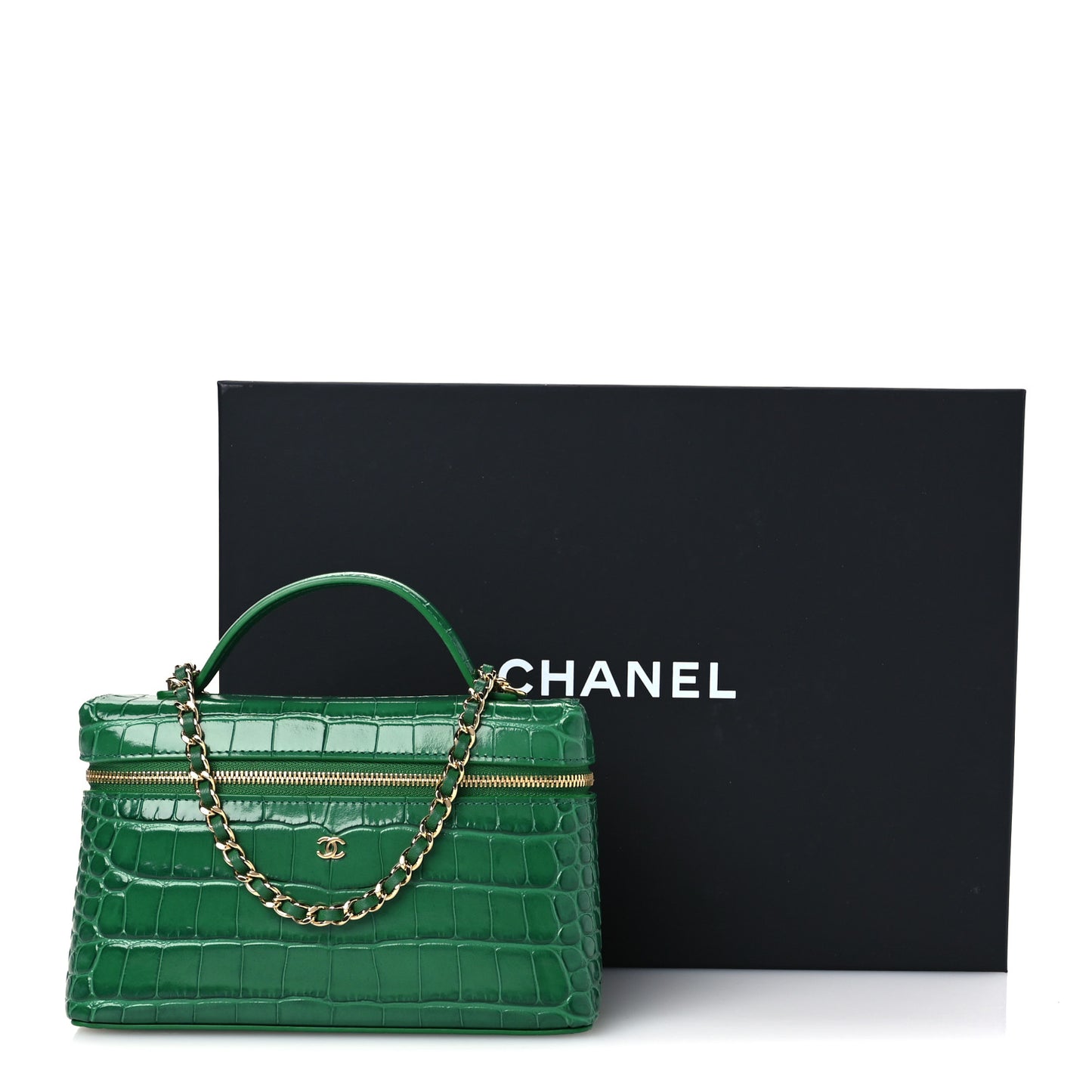 Calfskin Crocodile Embossed Crococo Top Handle Slim Vanity Case With Chain Green