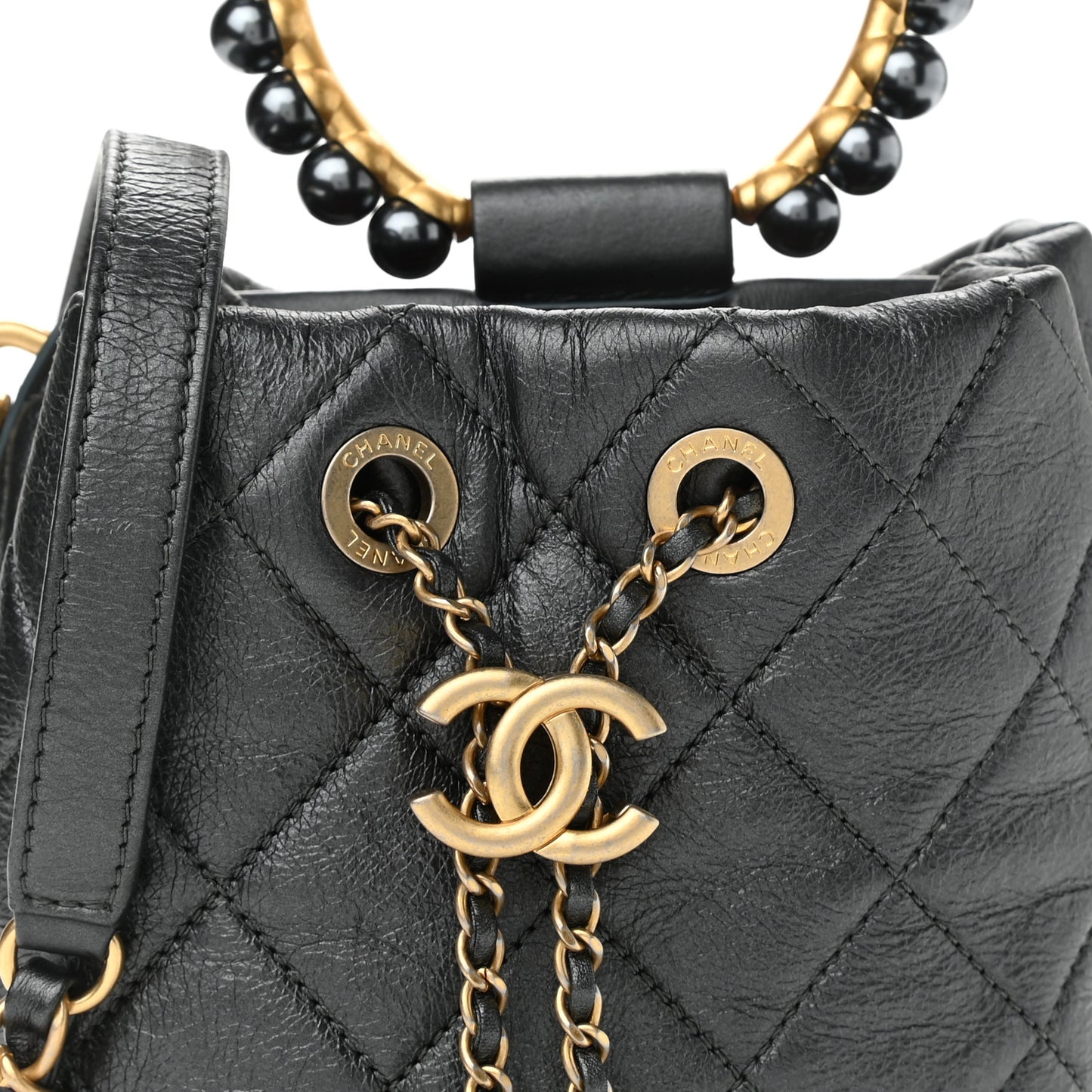 Metallic Lambskin Quilted Pearl Crown Drawstring Bag Anthracite