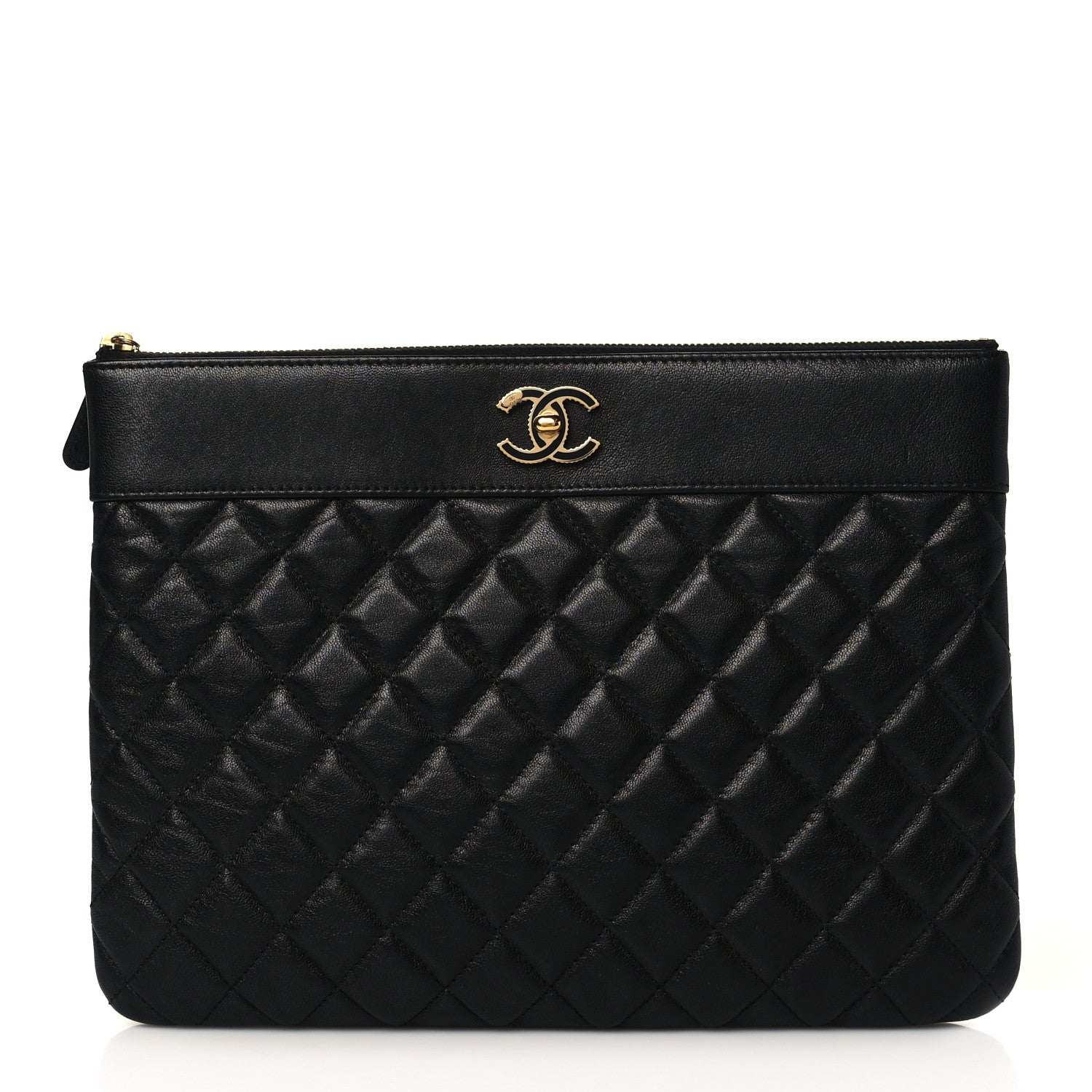 Chanel Sheepskin Quilted Mademoiselle Vintage Large Zip Pouch Black 1 of 9