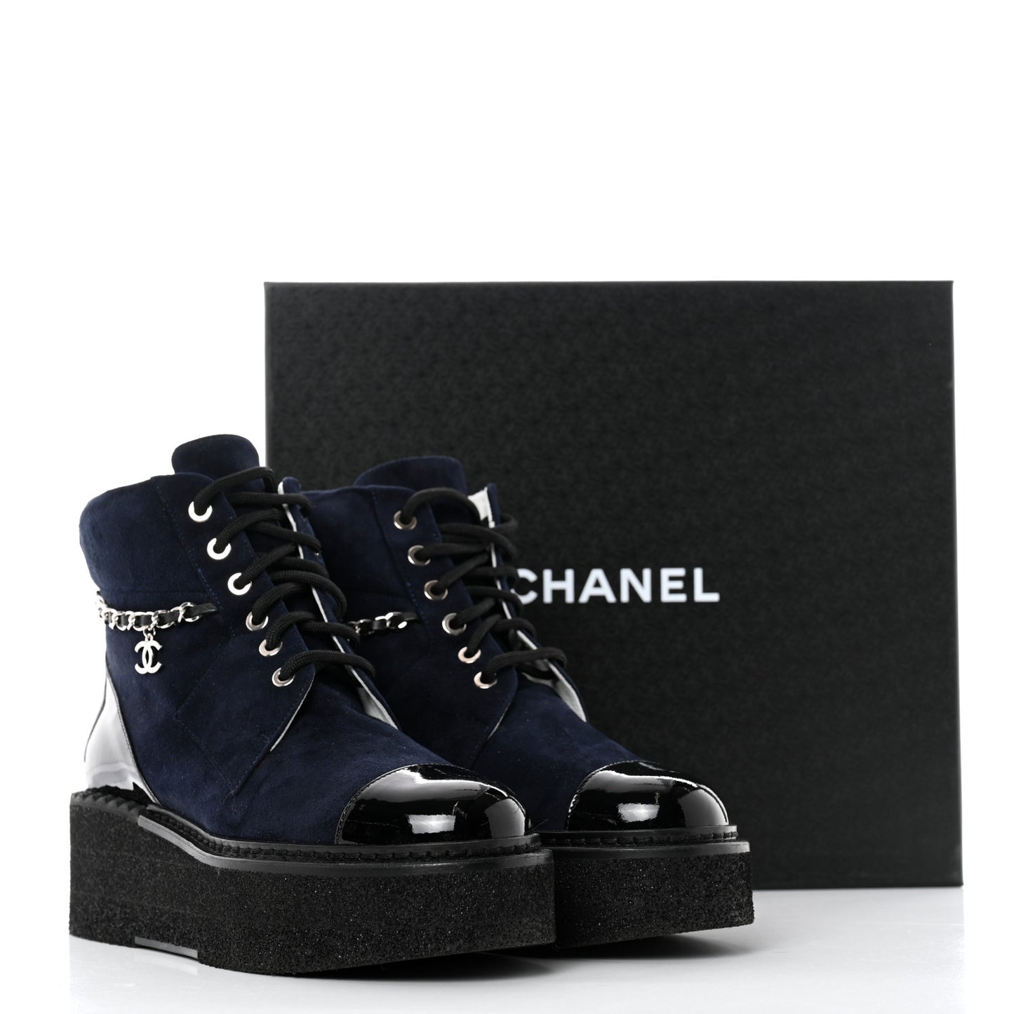 Suede Kidskin Patent Calfskin Chain Lace Up Boots 37 Dark Navy Blue Black