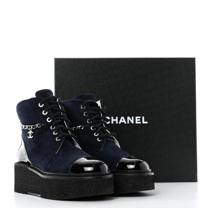 Chanel Suede Kidskin Patent Calfskin Chain Lace Up Boots 37 Dark Navy Blue Black 9 of 9