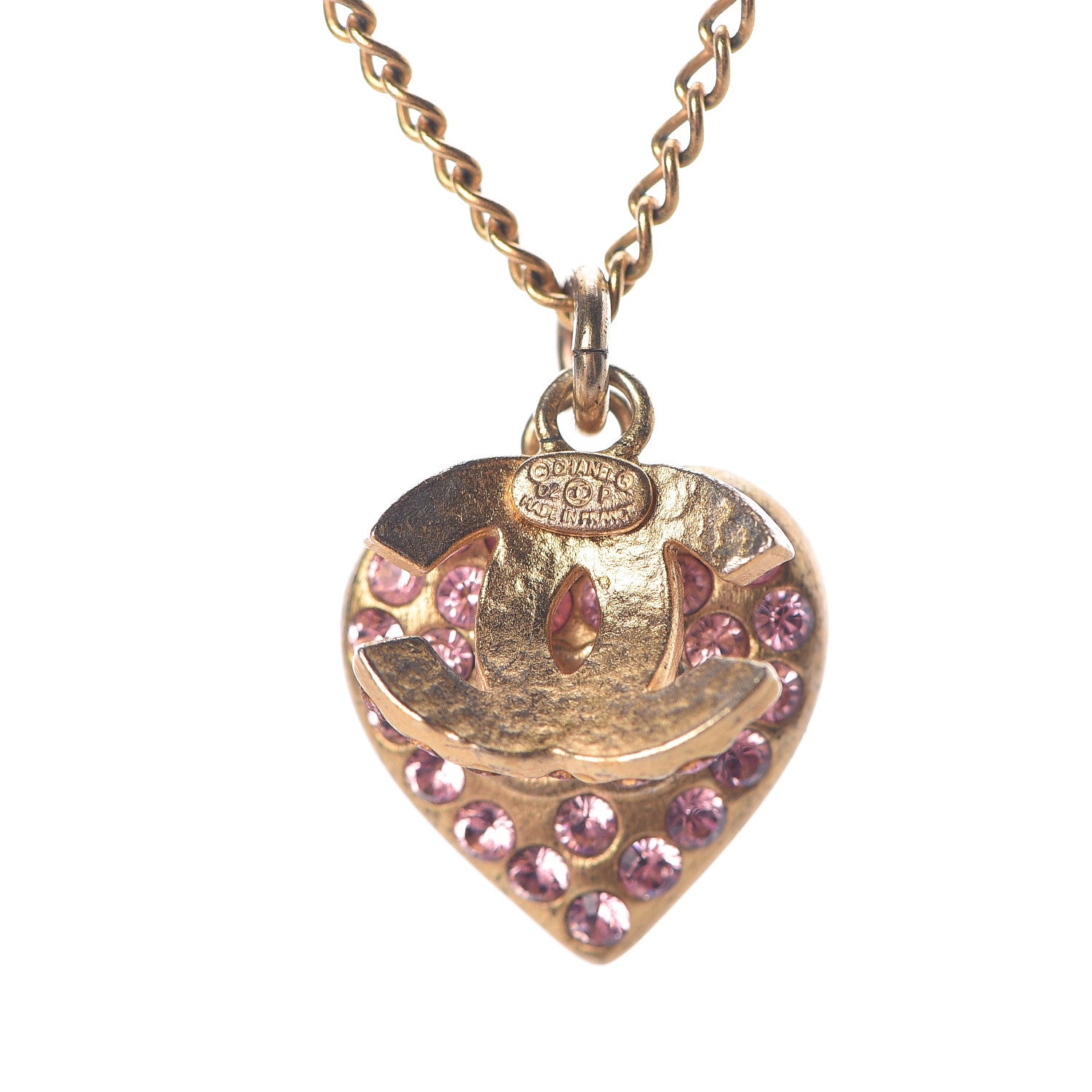 Chanel Crystal CC Heart Charm Necklace Gold Pink 6 of 9