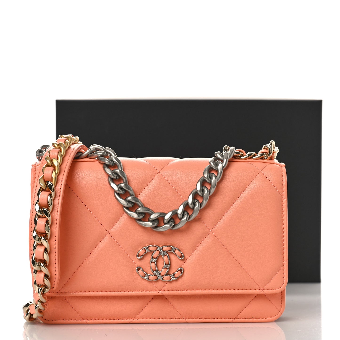 Lambskin Quilted Chanel 19 Wallet On Chain WOC Light Orange