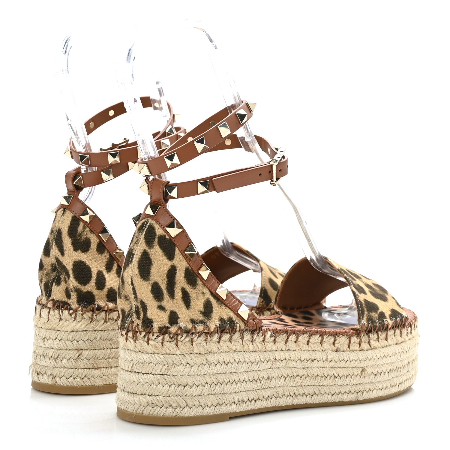 Valentino Garavani Canvas Leopard Print Rockstud Ankle Wrap Espadrille Flatform Sandals 39 Brown 4 of 8