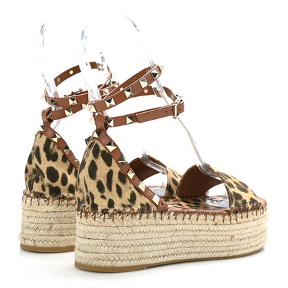 Valentino Garavani Canvas Leopard Print Rockstud Ankle Wrap Espadrille Flatform Sandals 39 Brown 4 of 8