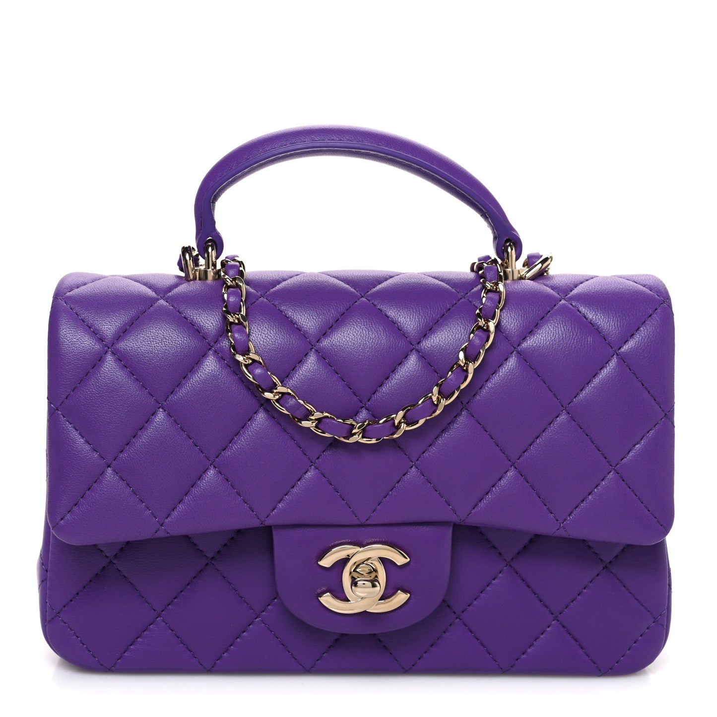 Lambskin Quilted Mini Top Handle Rectangular Flap Dark Purple