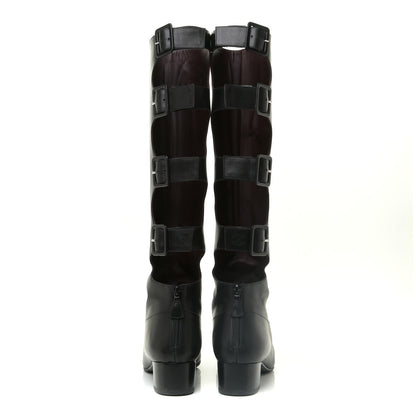 Chanel Lambskin Patent Cut Out Buckle Cap Toe Knee High Boots 39 Black 4 of 11