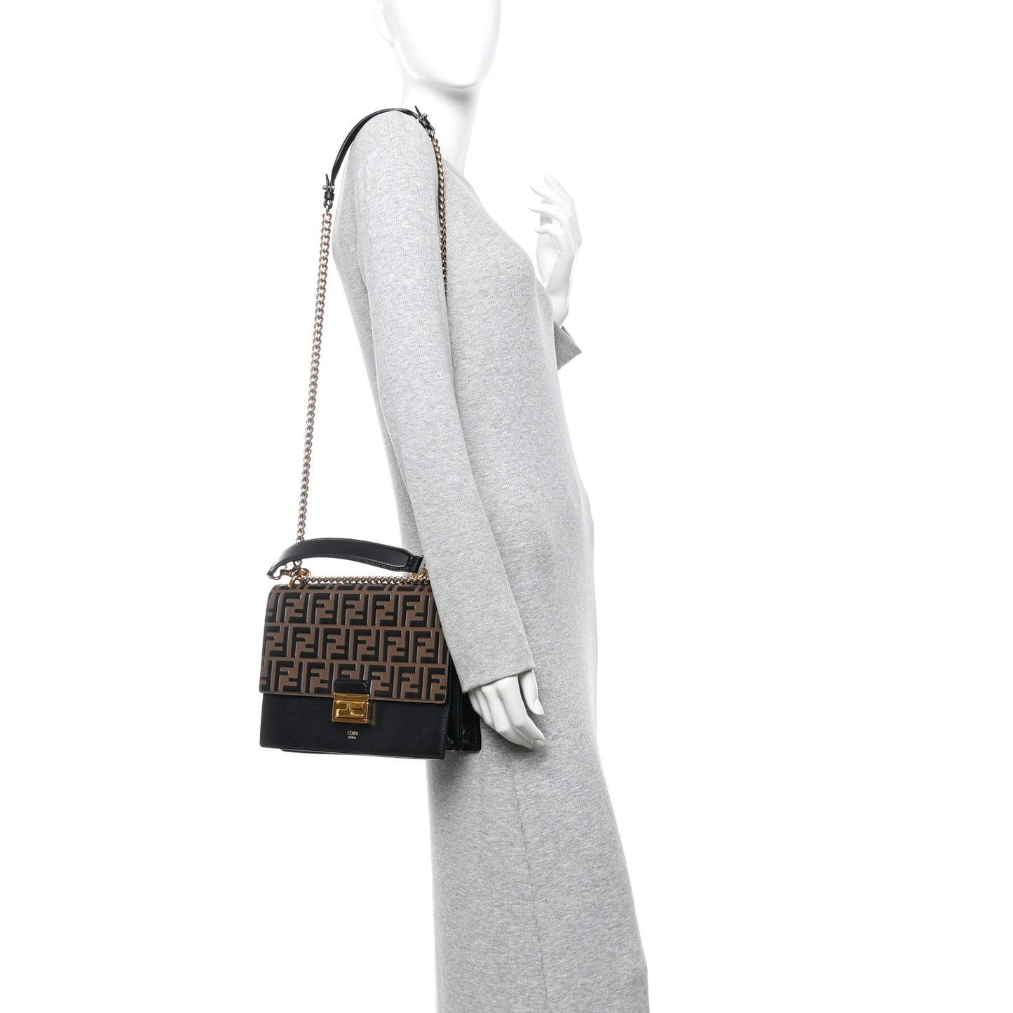 Vitello Liberty Bi-Color FF 1974 Embossed Chain Strap Kan U Shoulder Bag Black Maya