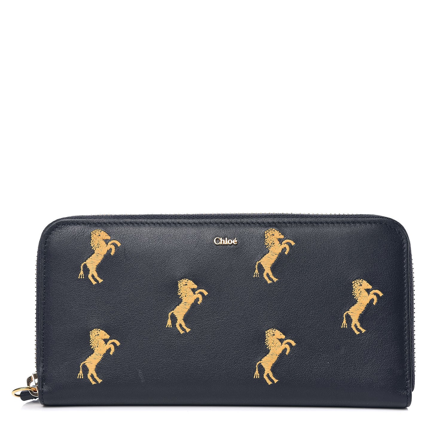 Smooth Calfskin Little Horses Embroidered Zip Around Wallet Full Blue