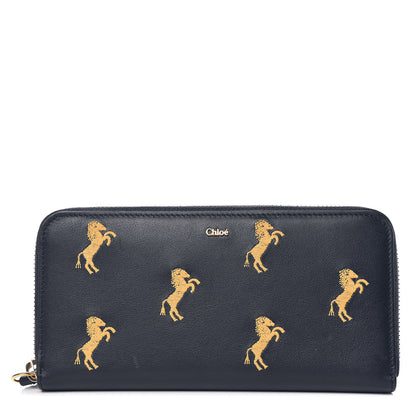 Chloe Smooth Calfskin Little Horses Embroidered Zip Around Wallet Full Blue 1 of 9