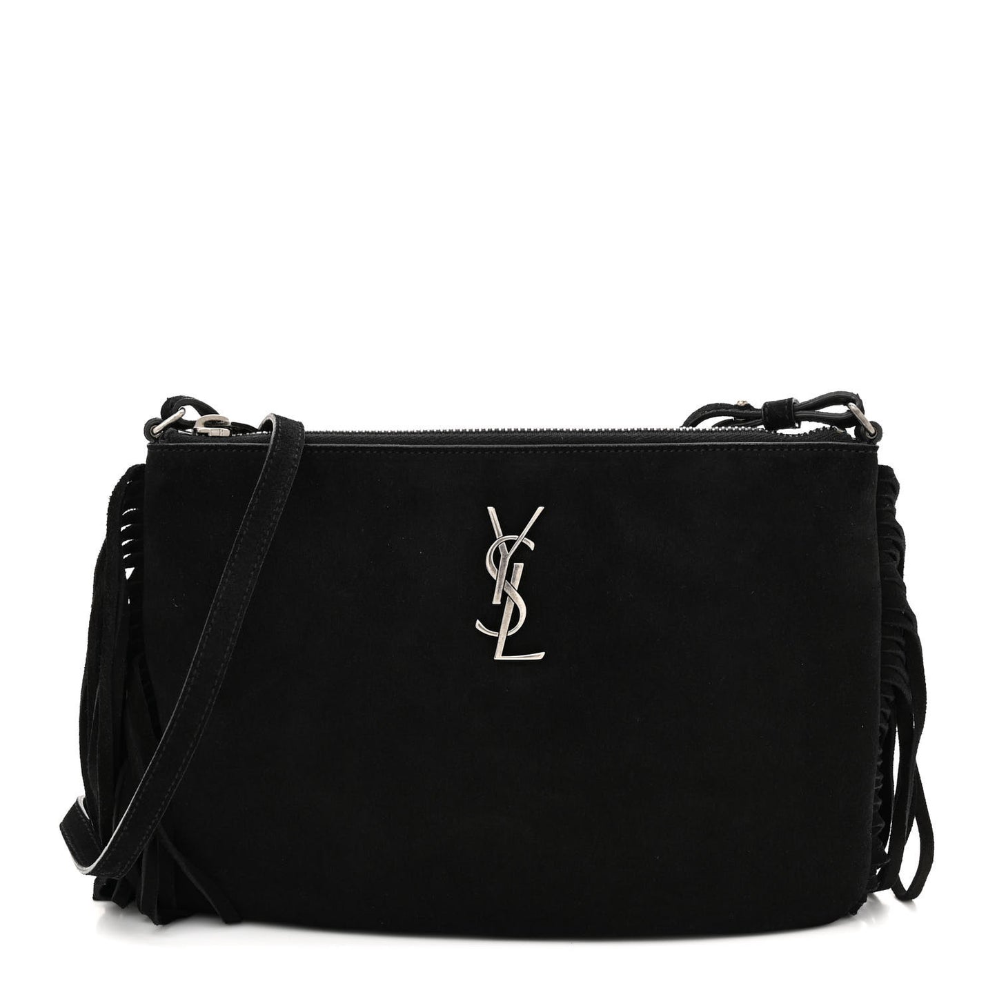 Suede Calfskin Small Fringe Crossbody Bag Black