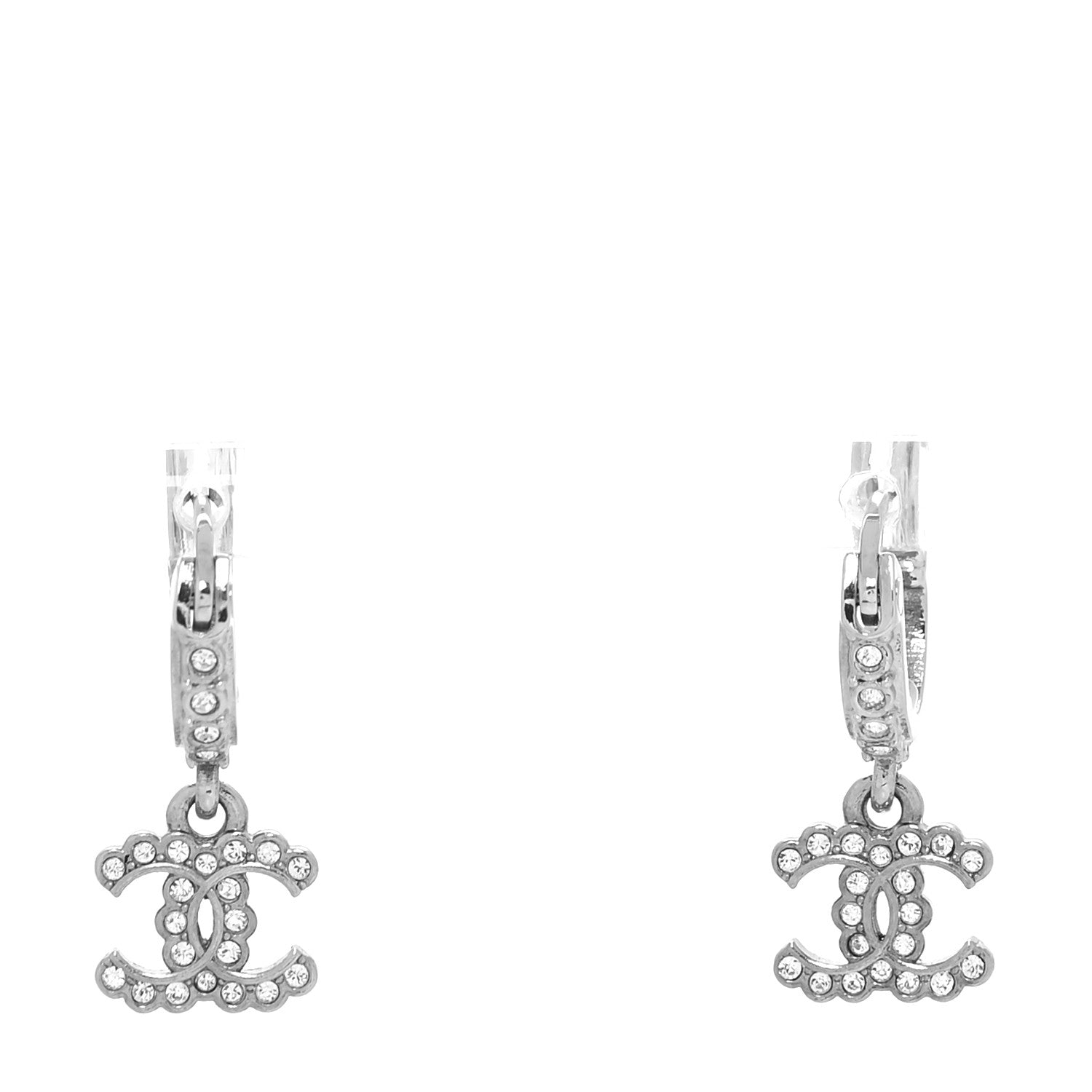 Chanel Metal Crystal CC Hoop Drop Earrings Silver 1 of 4