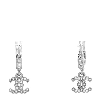 Chanel Metal Crystal CC Hoop Drop Earrings Silver 1 of 4