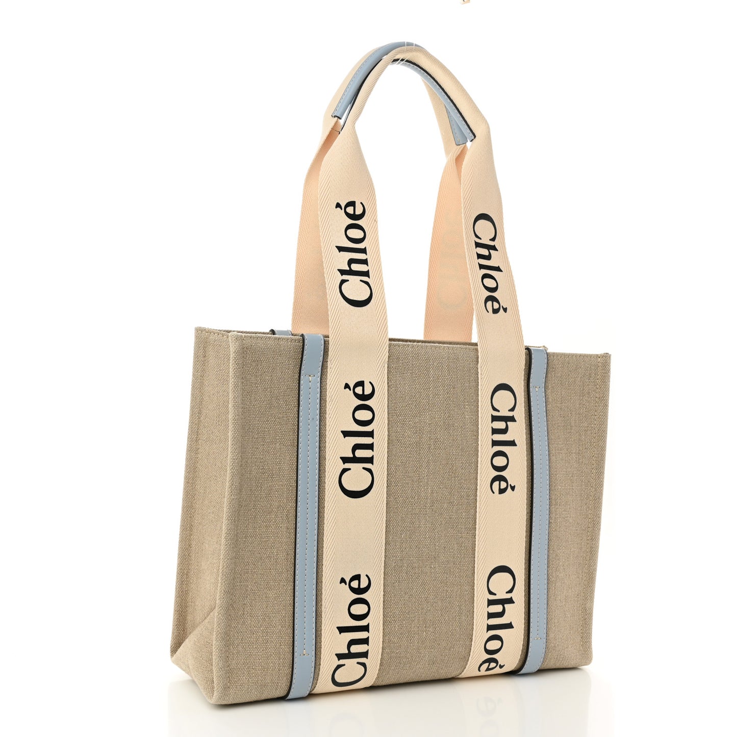 Linen Calfskin Medium Woody Ribbon Tote White Light Blue