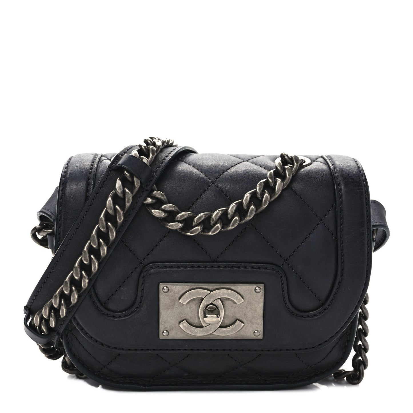 Calfskin Quilted Small Double Chained Messenger Flap Charcoal