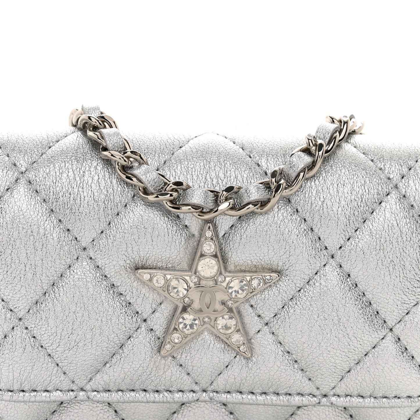 Metallic Goatskin Quilted Crystal CC Walk Of Fame Clutch With Chain Silver