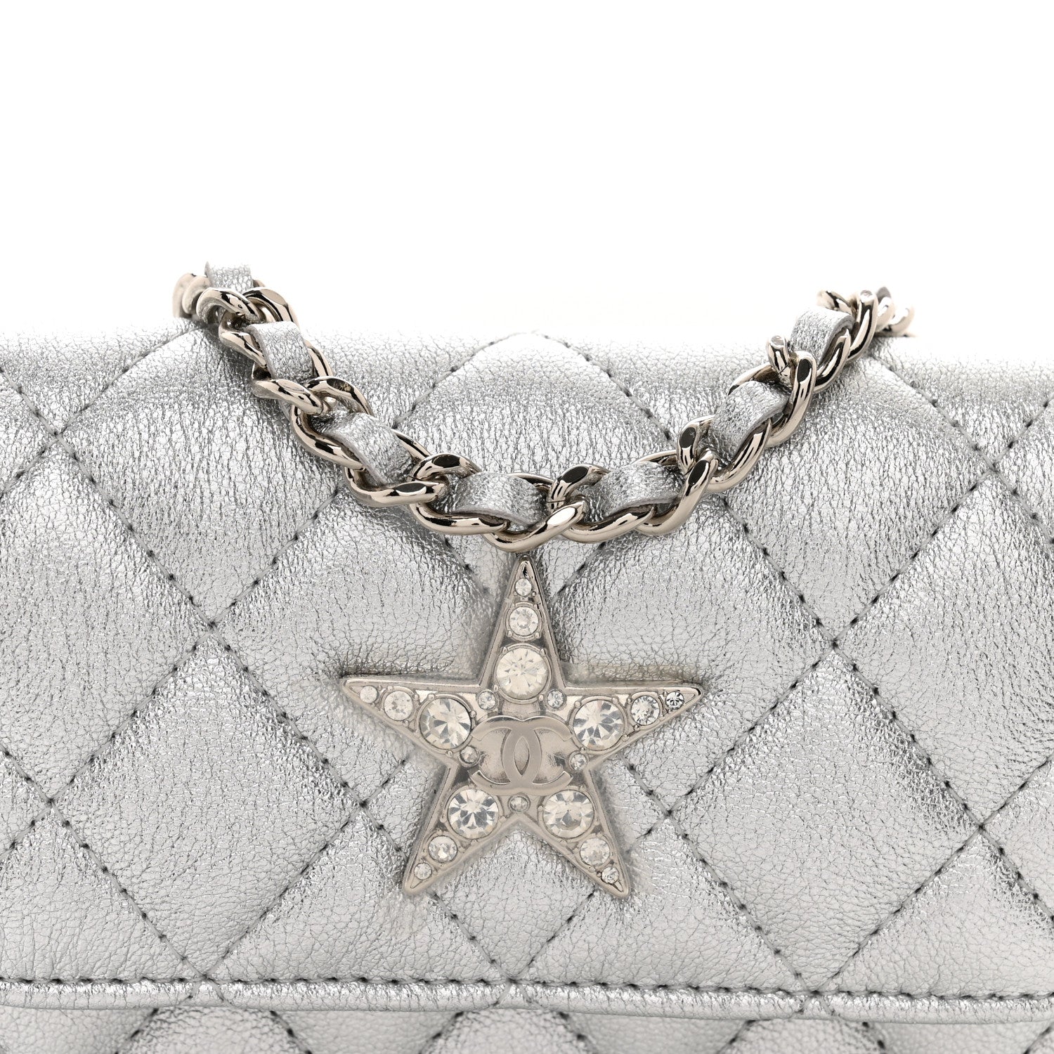 Chanel Metallic Goatskin Quilted Crystal CC Walk Of Fame Clutch With Chain Silver 5 of 12