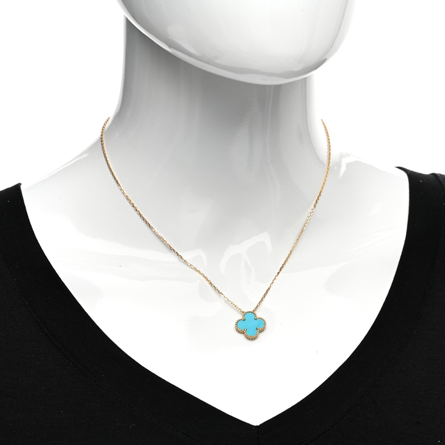 Van Cleef & Arpels 18K Yellow Gold Turquoise Vintage Alhambra Pendant Necklace 2 of 6