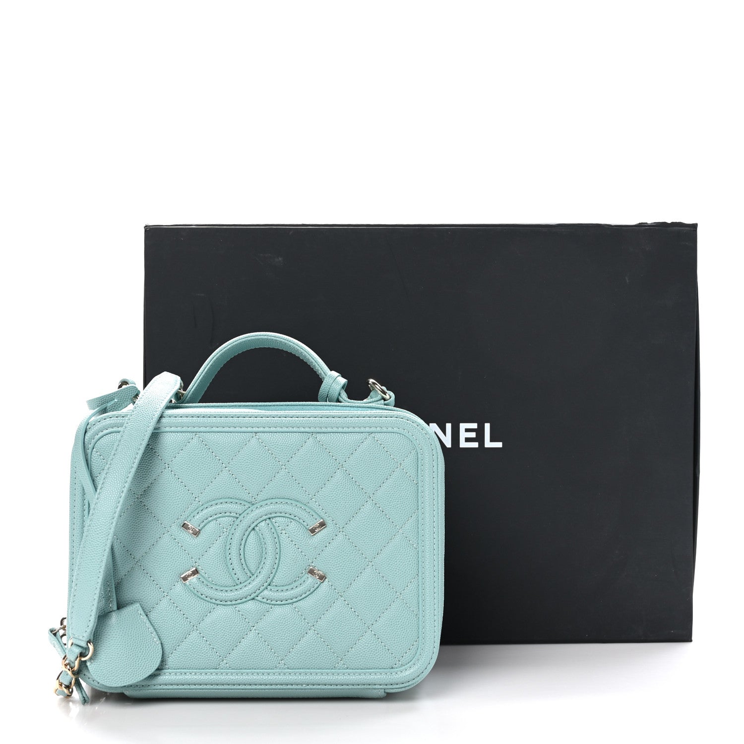 Chanel Caviar Quilted Medium CC Filigree Vanity Case Light Blue 11 of 11