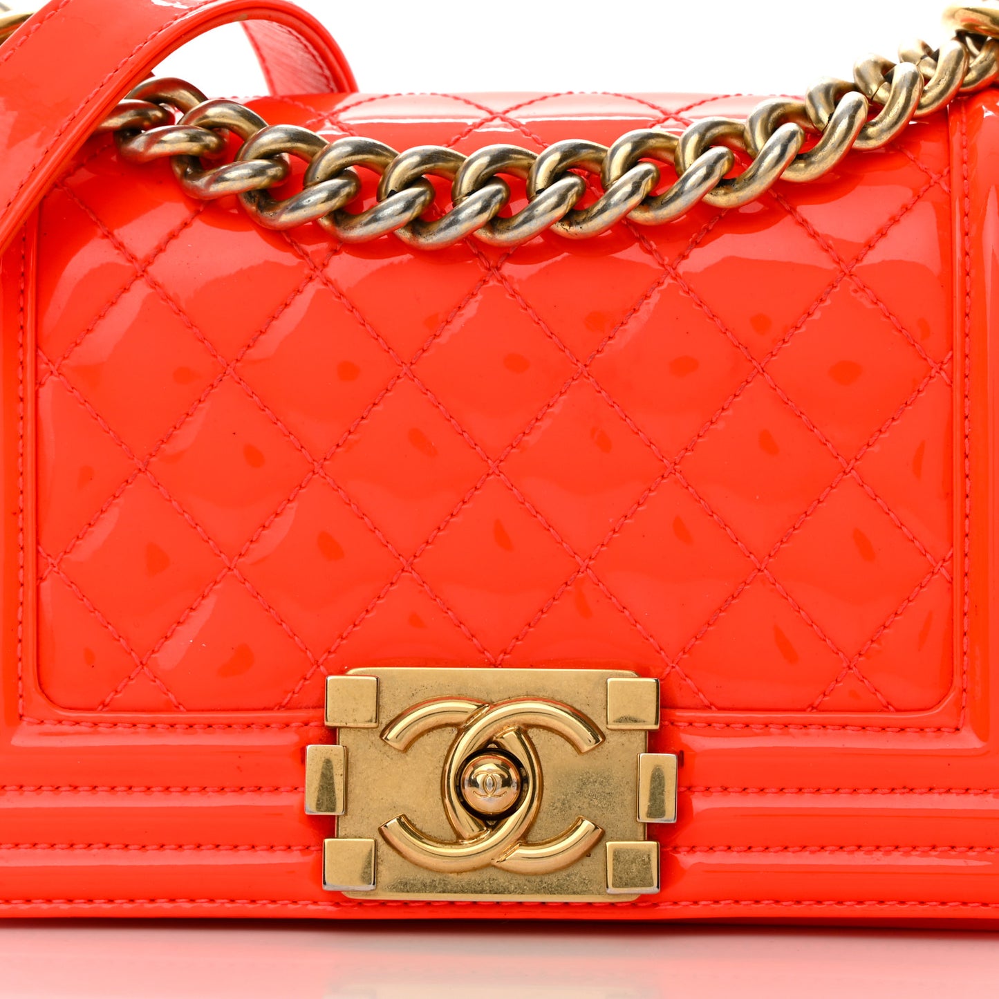 Patent Calfskin Quilted Small Boy Flap Orange