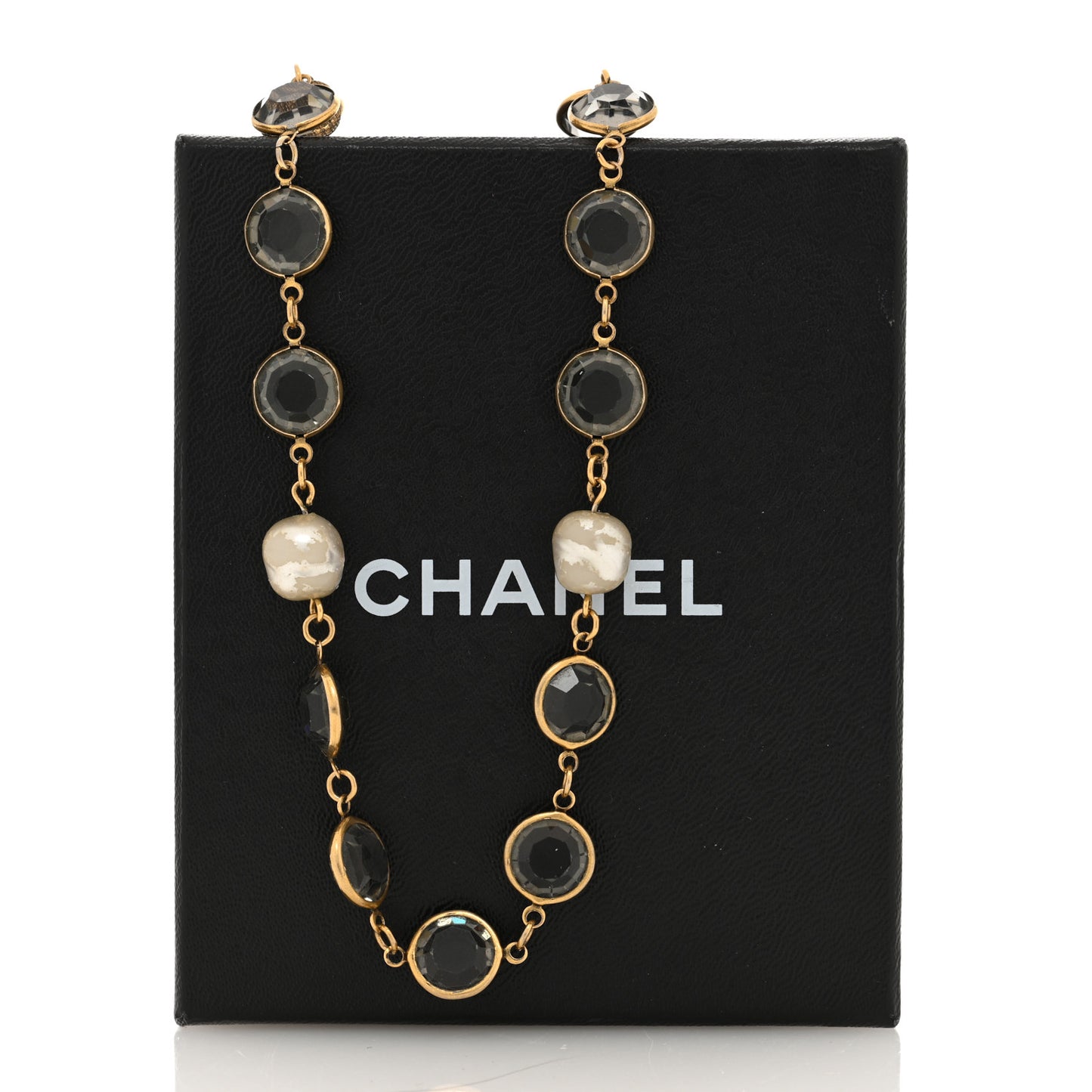 Swarovski Crystal Pearl Chicklet Sautoir Necklace Gold