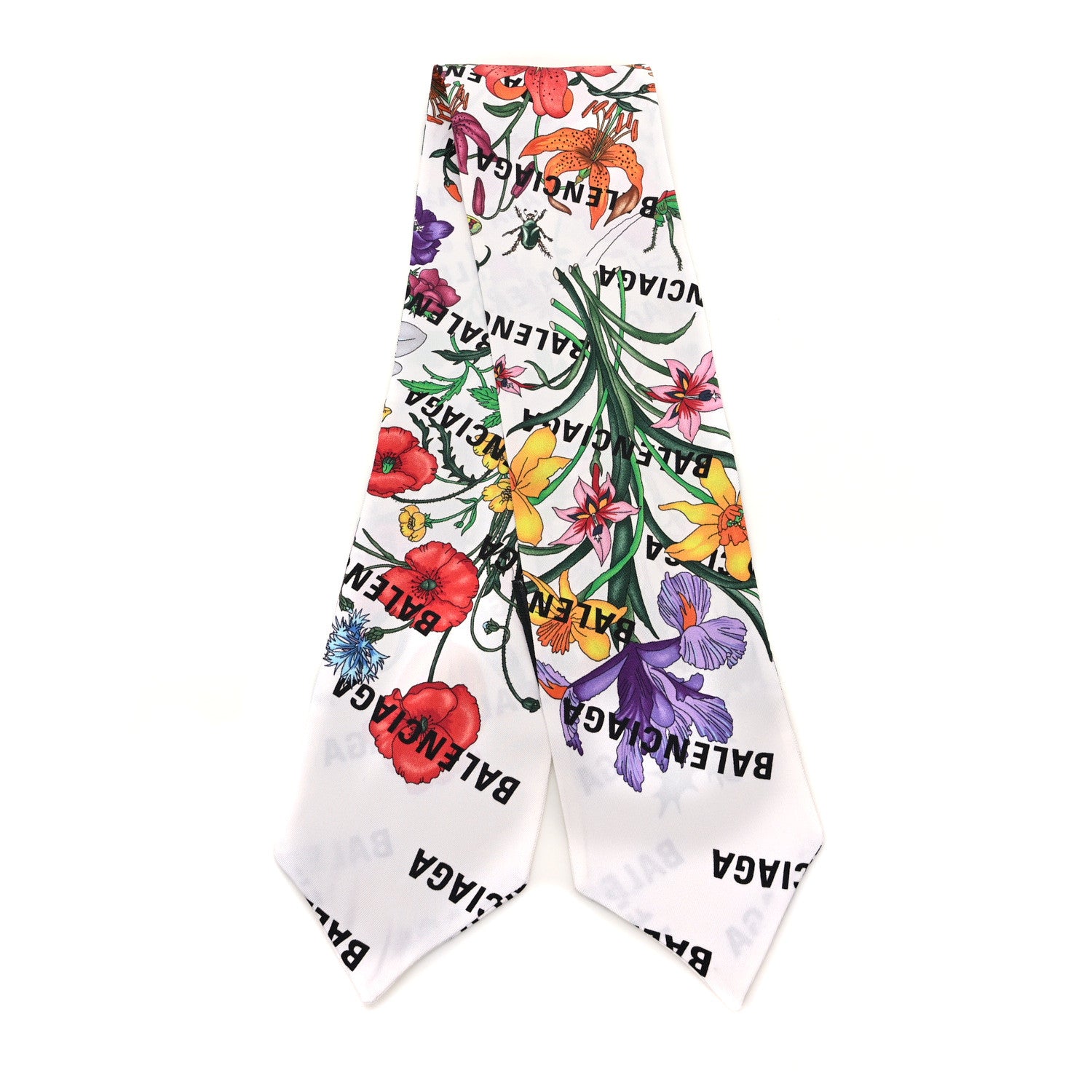 Gucci X BALENCIAGA Silk Twilly Allover Logo Print Floral Scarf Ivory Multicolor 2 of 3