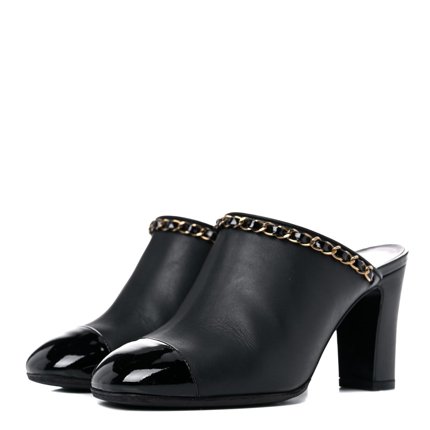 Calfskin Patent Cap Toe Chain Mule 35 Black