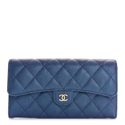 Chanel Iridescent Caviar Quilted Large Gusset Flap Wallet Dark Blue 1 of 10