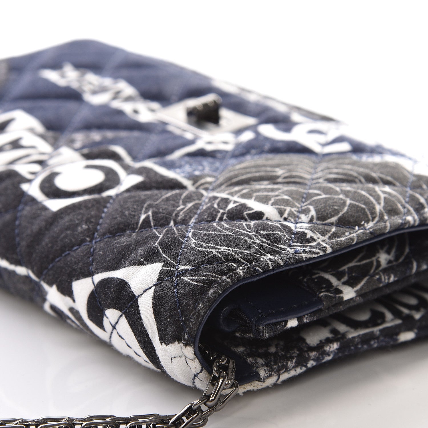 Chanel Canvas Printed Quilted 2.55 Reissue Wallet On Chain WOC White Black Navy Blue 7 of 14