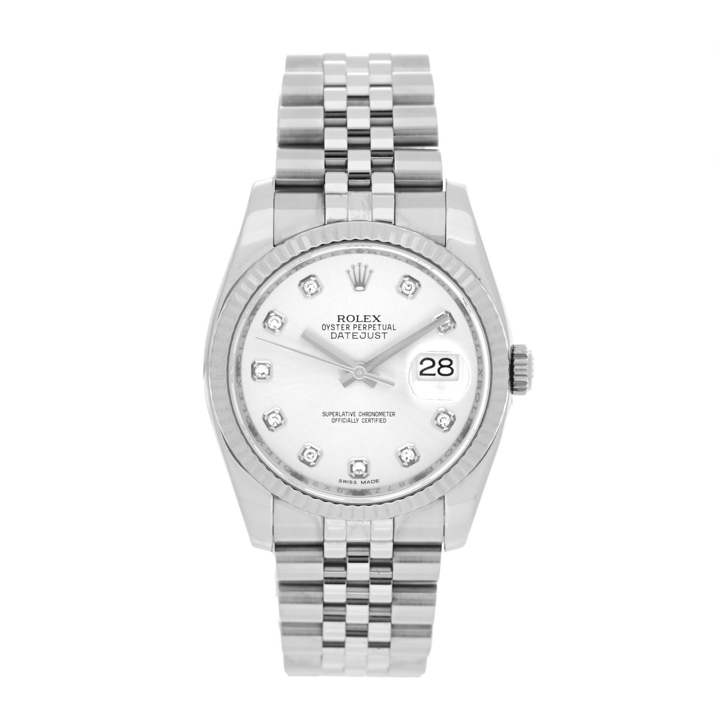 Stainless Steel 18K White Gold Diamond 36mm Oyster Perpetual Datejust Watch White 116234