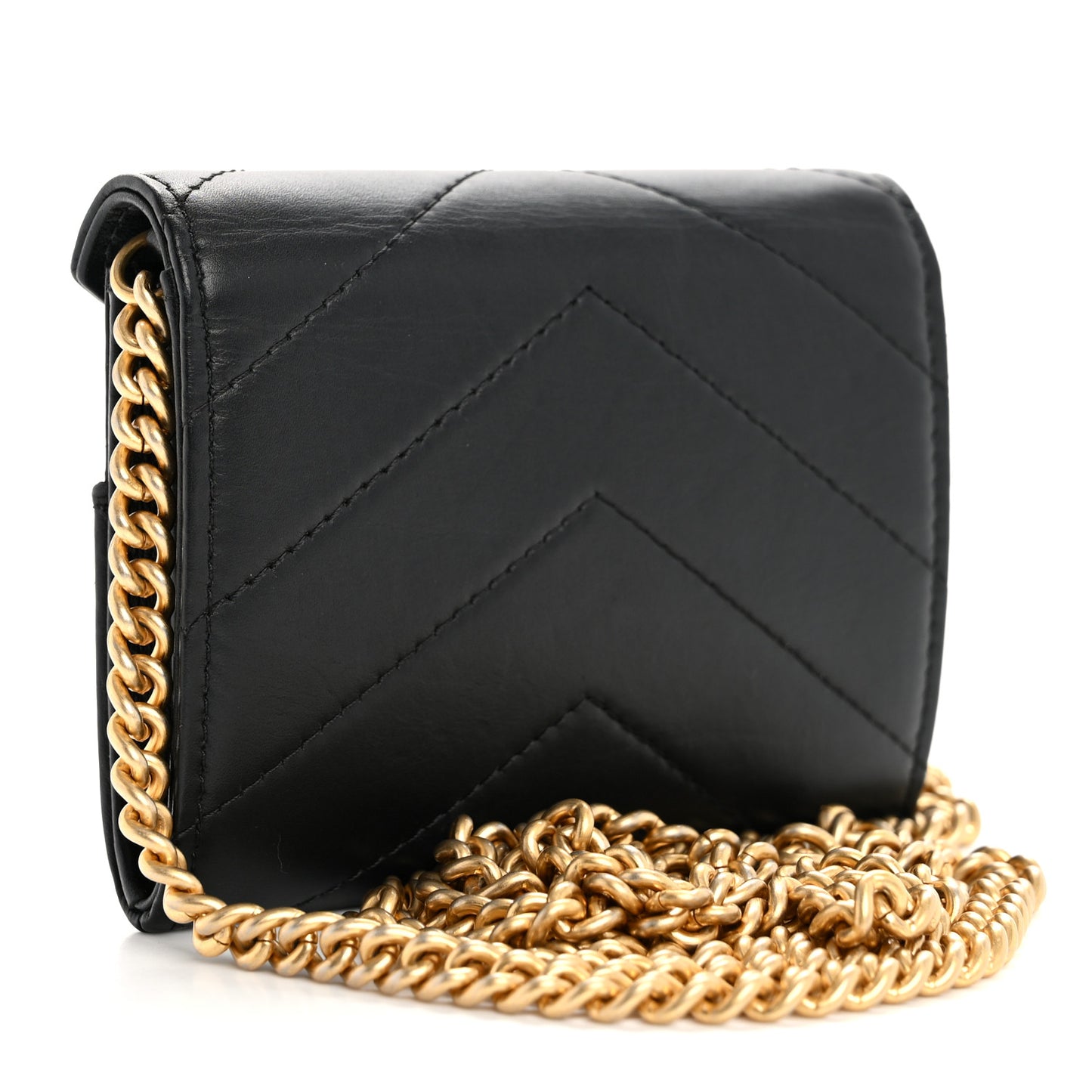 Snakeskin Calfskin Embossed Chevron Quilted CC Chain Wallet Black