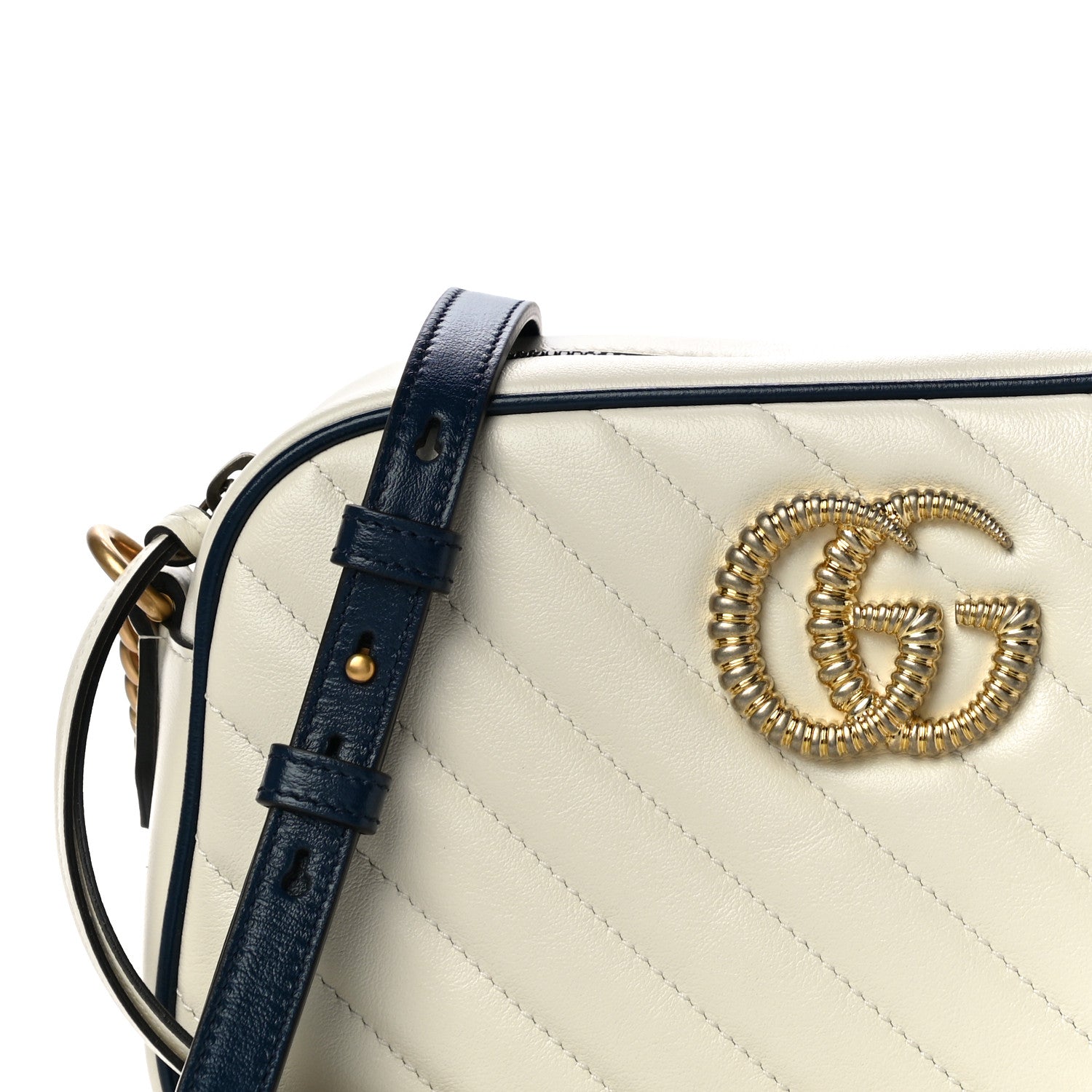 Gucci Vintage Effect Calfskin Matelasse Diagonal Small Torchon GG Marmont Chain Shoulder Bag Mystic White Blue Agata 9 of 11