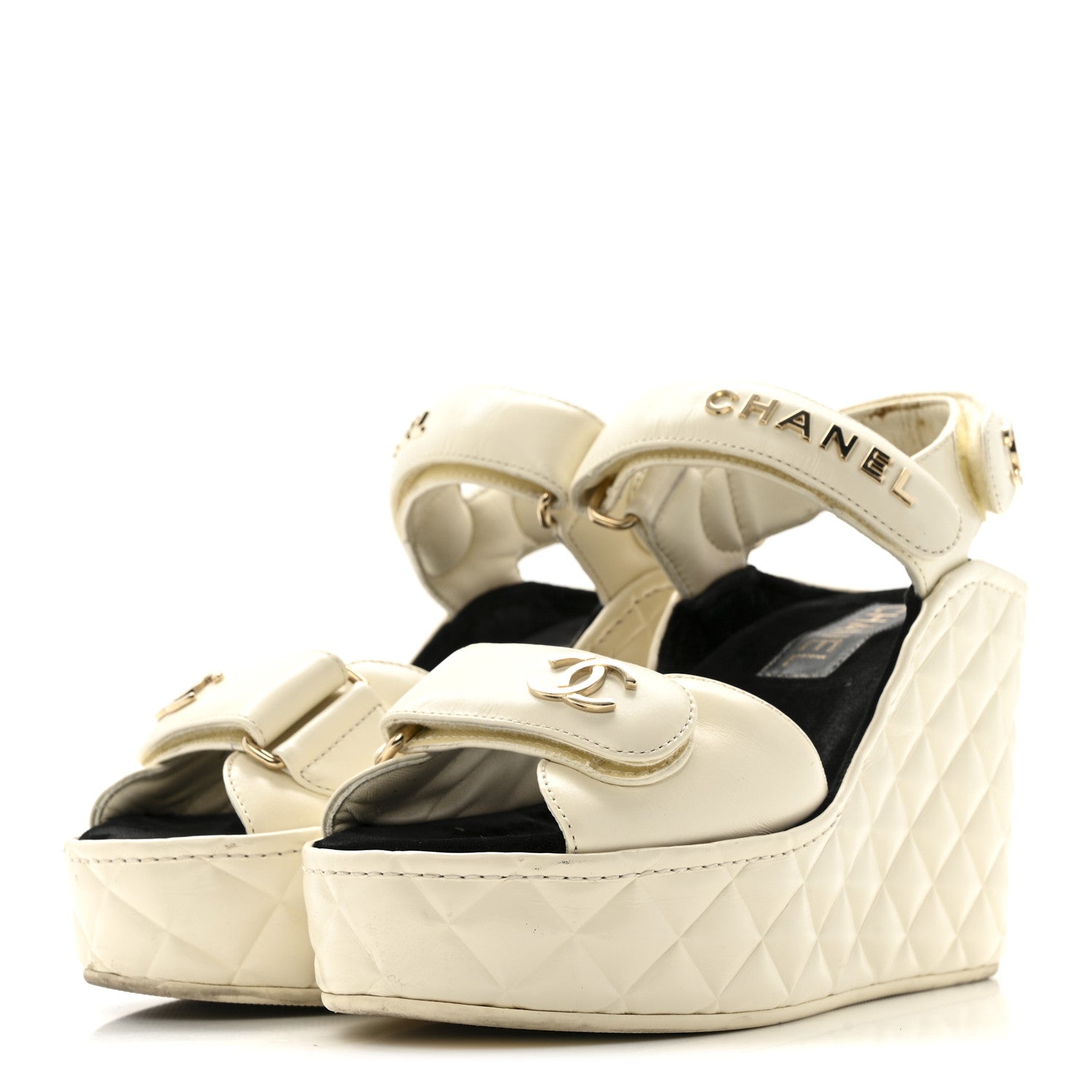 Chanel Shiny Calfskin Quilted Wedge Sandals 36 Ivory 4 of 14