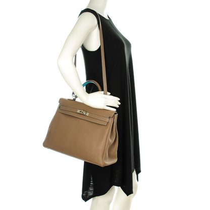 Hermes Togo Kelly Retourne Eclat 35 Etoupe Bleu Azteque 2 of 23
