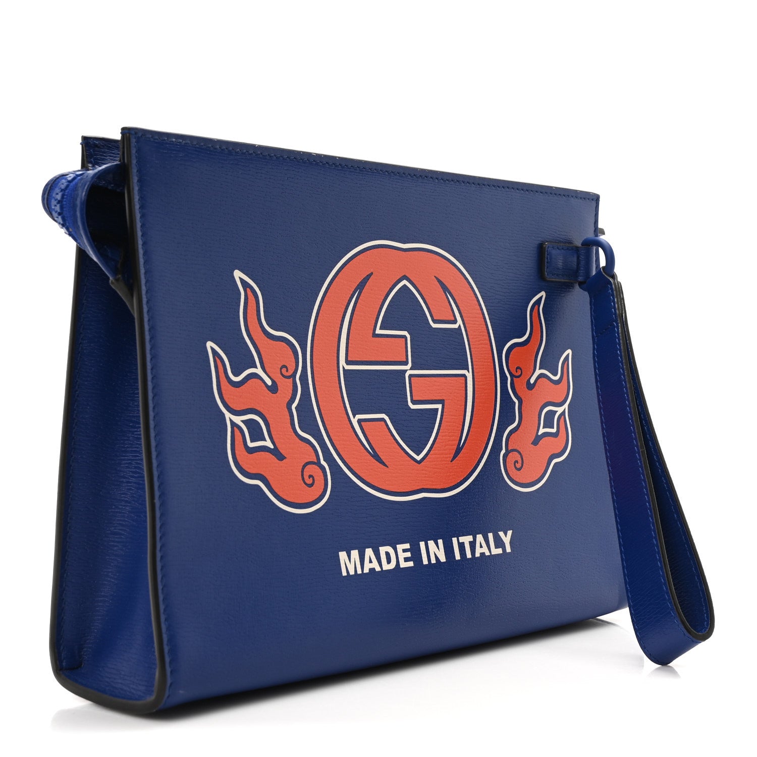 Gucci New Shanghai Calfskin Interlocking G Logo Wristlet Pouch Cobalt Blue Orange 3 of 10